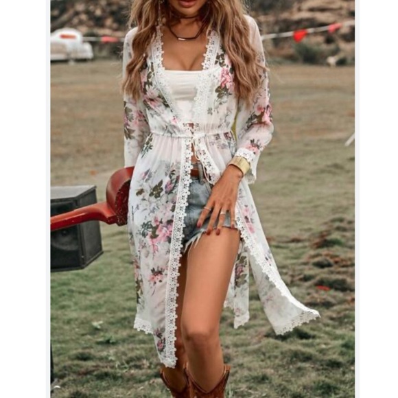 ❤️ SHEIN Swim Floral Print Contrast Lace Split Hem Kimono, Summer Beach large - Picture 7 of 11